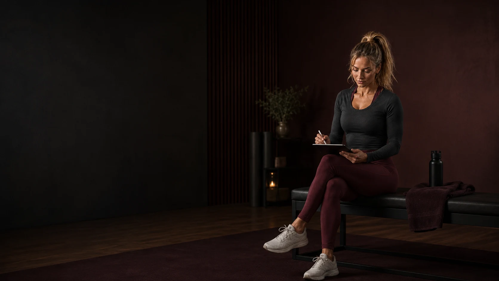 Trainerin sitzt auf einer Bank und notiert Trainingsdetails auf einem Tablet.