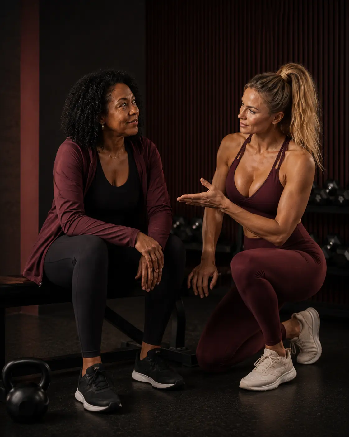 Personal Trainerin im persönlichen Coaching-Gespräch mit einer Kundin.