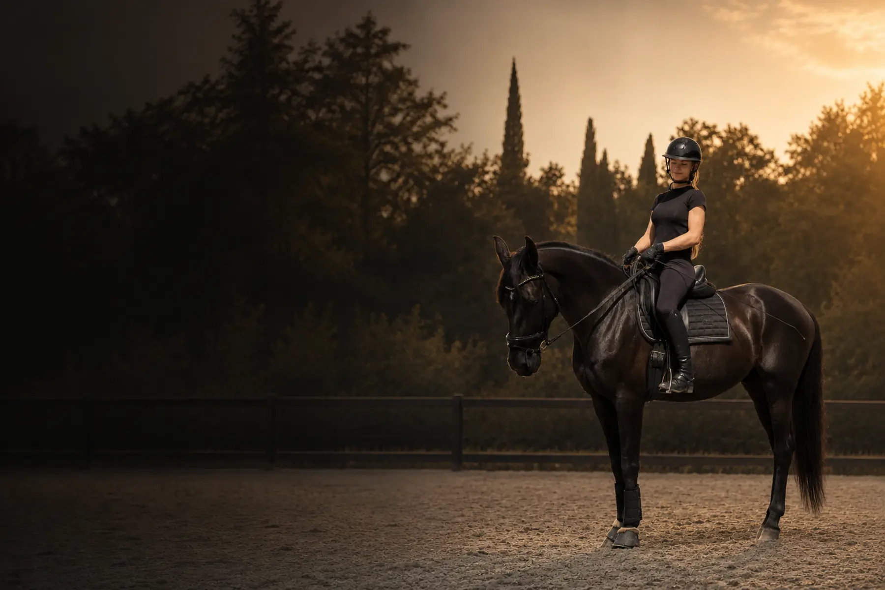 Kisaya Sass with her horse in the riding arena at warm evening light.